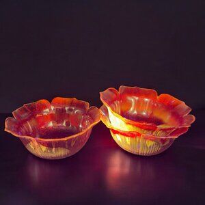 Vintage Flower Shape Glass Bowl Dish Set 3 UV Glowing Glass Dishes Orange Glow